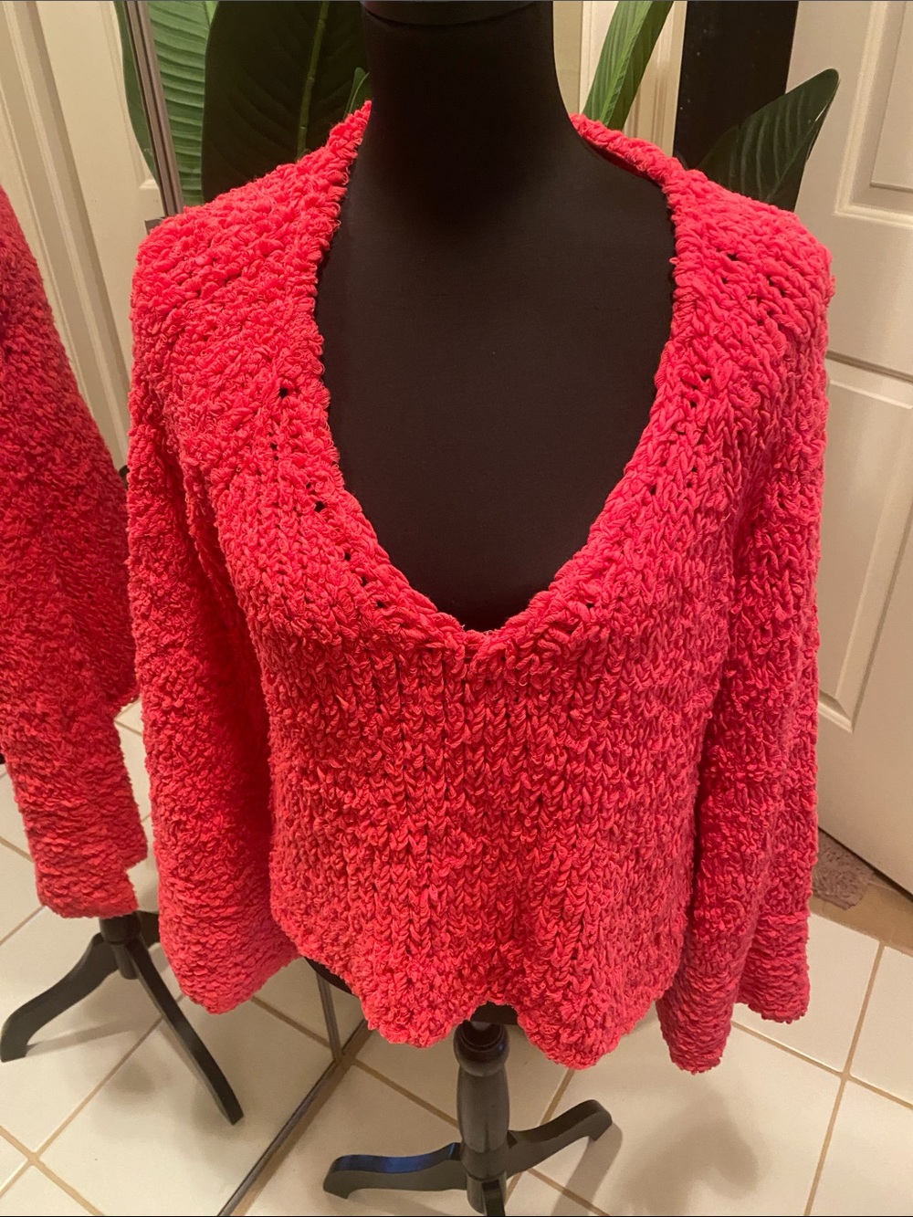 Free People Textured V-Neck Sweater in Hot Pink